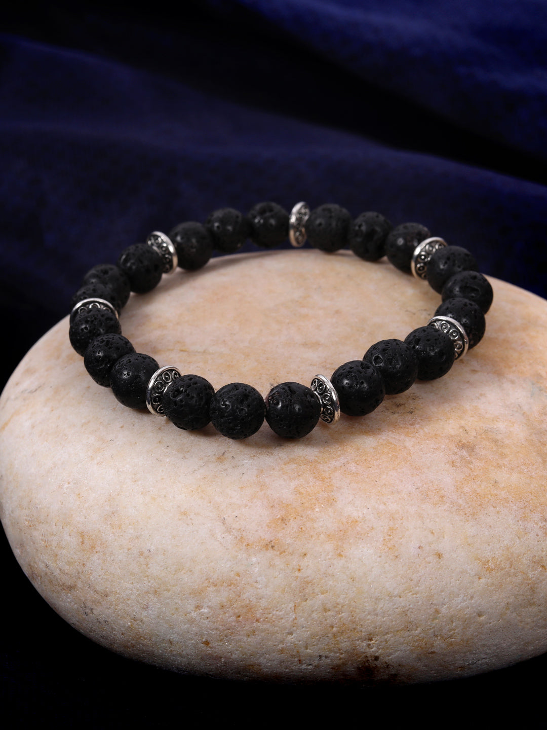 Double layered black leather bracelet with black lava rock stone -